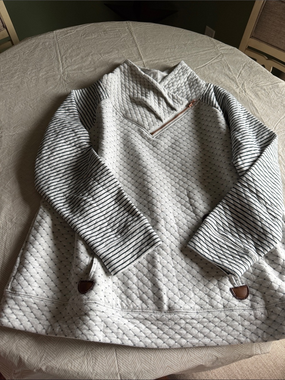 Maurices Cream Quilted Pullover with Black Striped Sleeve